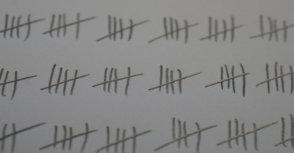 Vertical Tally Hash Marks in Groups of Four with a Fifth Diagonal Slash to make counting by fives easy.